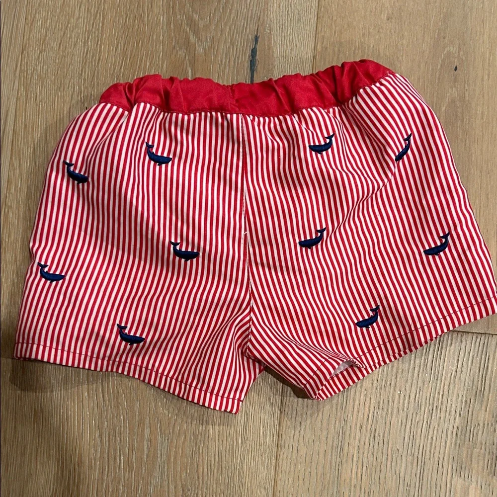 Jacadi Red and White Striped Swim Shorts with Navy Whale Embroidery